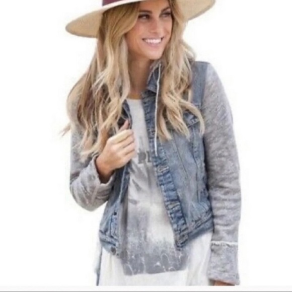 Free People Distressed Denim Knit Hooded Jacket - Picture 2 of 10